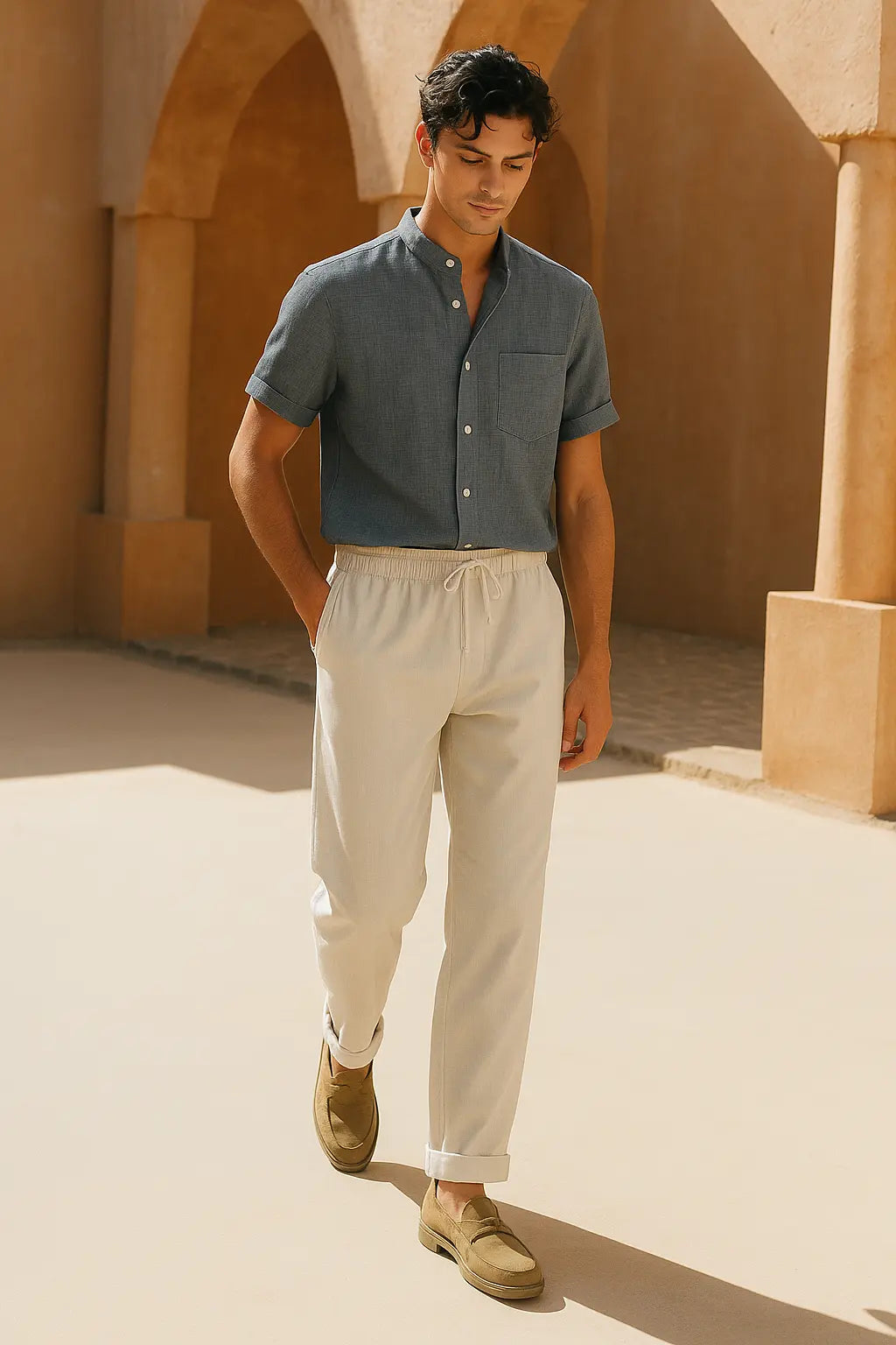 Short Sleeve Stand Collar Shirt & Straight Leg Linen Pants FERNACHE