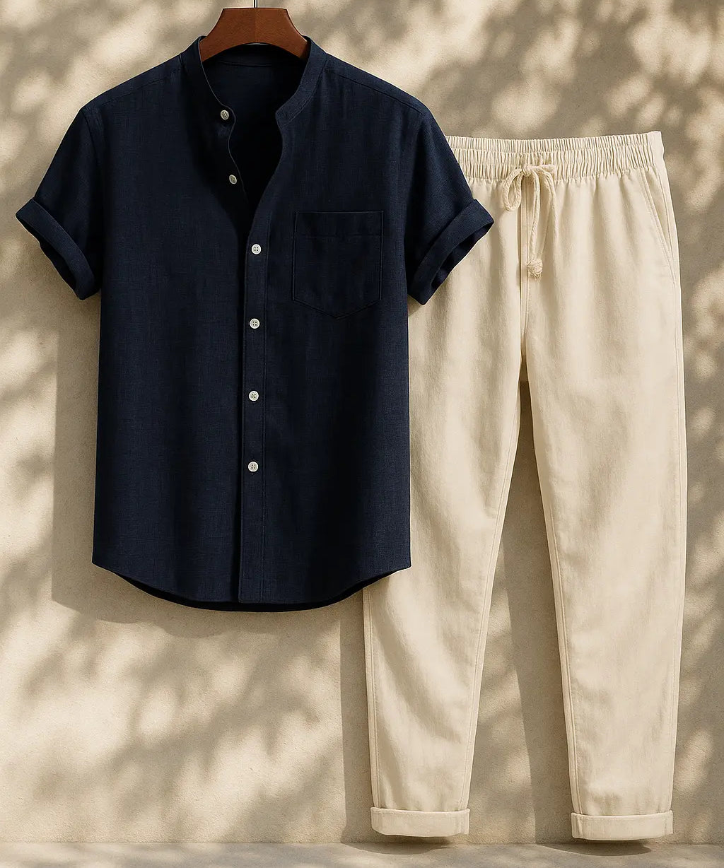 Short Sleeve Stand Collar Shirt & Straight Leg Linen Pants FERNACHE