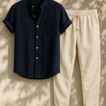 Short Sleeve Stand Collar Shirt & Straight Leg Linen Pants FERNACHE