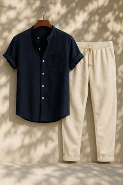 Short Sleeve Stand Collar Shirt & Straight Leg Linen Pants FERNACHE