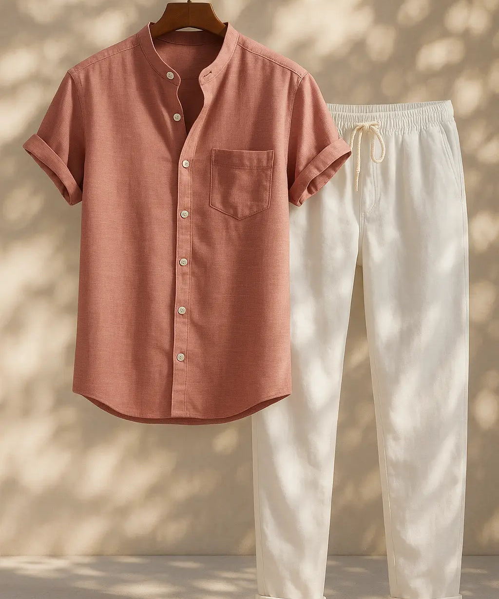 Short Sleeve Stand Collar Shirt & Straight Leg Linen Pants FERNACHE