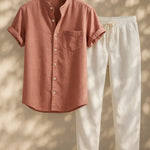 Short Sleeve Stand Collar Shirt & Straight Leg Linen Pants FERNACHE