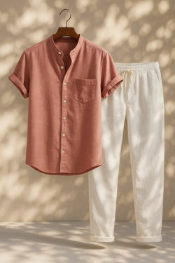 Short Sleeve Stand Collar Shirt & Straight Leg Linen Pants FERNACHE