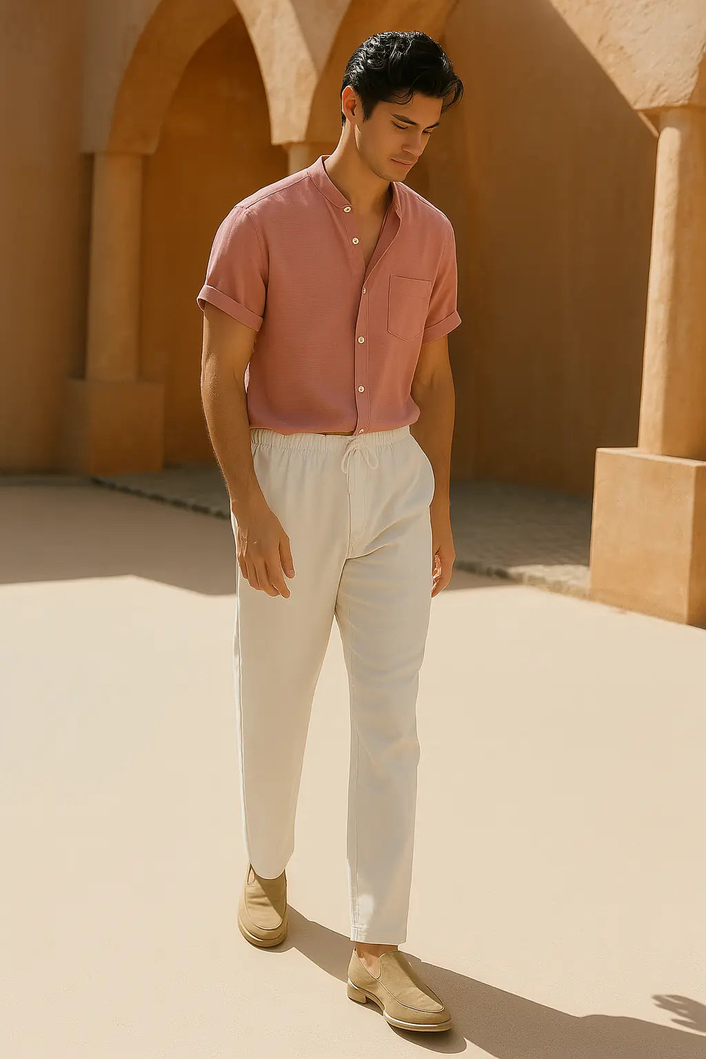Short Sleeve Stand Collar Shirt & Straight Leg Linen Pants FERNACHE