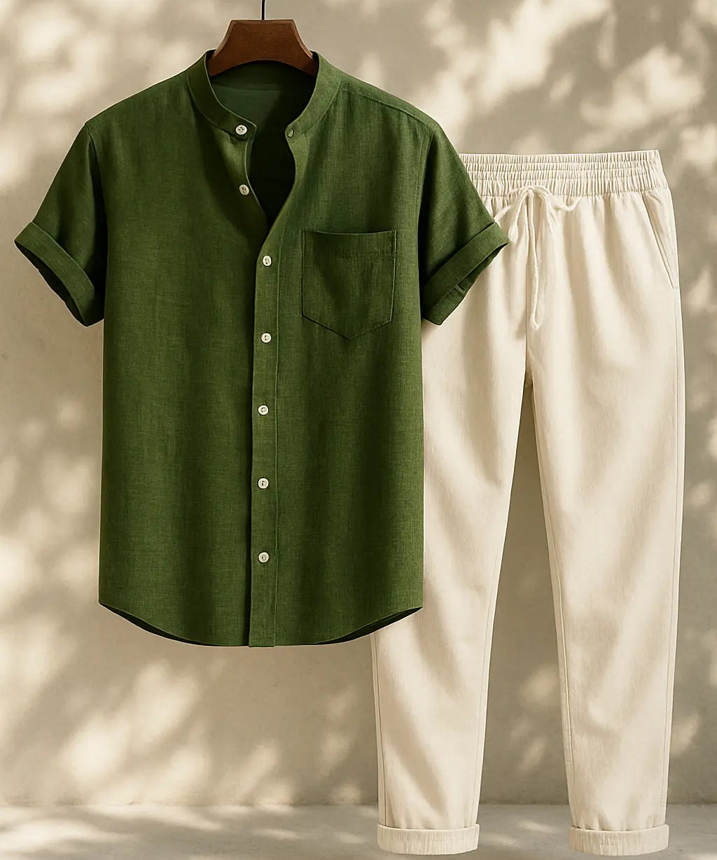 Short Sleeve Stand Collar Shirt & Straight Leg Linen Pants FERNACHE