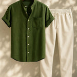 Short Sleeve Stand Collar Shirt & Straight Leg Linen Pants FERNACHE