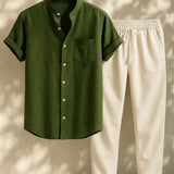 Short Sleeve Stand Collar Shirt & Straight Leg Linen Pants FERNACHE