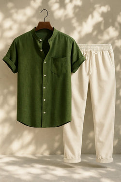 Short Sleeve Stand Collar Shirt & Straight Leg Linen Pants FERNACHE