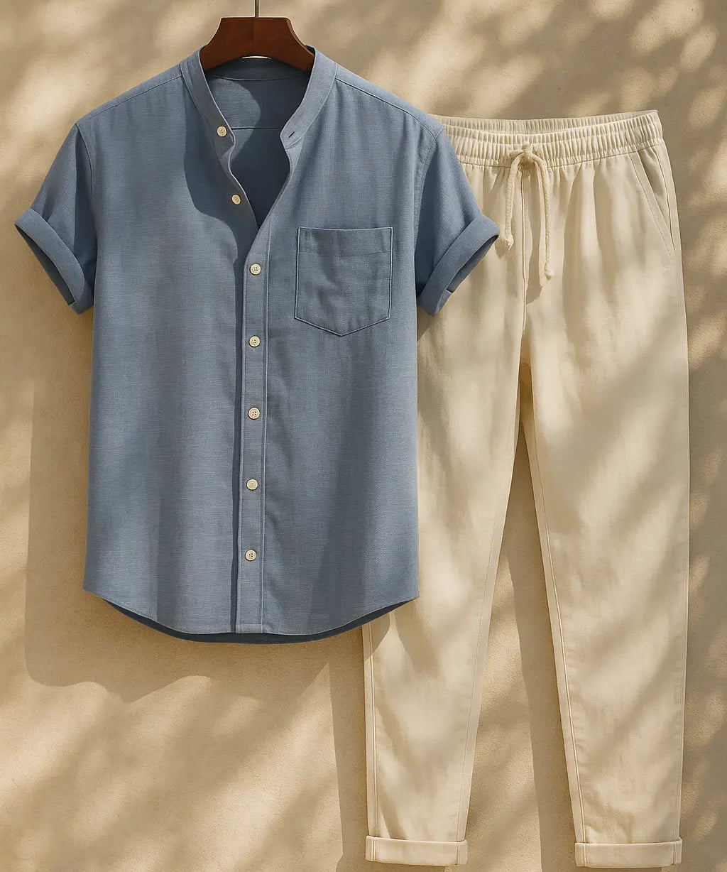 Short Sleeve Stand Collar Shirt & Straight Leg Linen Pants FERNACHE