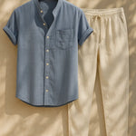 Short Sleeve Stand Collar Shirt & Straight Leg Linen Pants FERNACHE