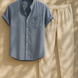 Short Sleeve Stand Collar Shirt & Straight Leg Linen Pants FERNACHE