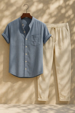 Short Sleeve Stand Collar Shirt & Straight Leg Linen Pants FERNACHE