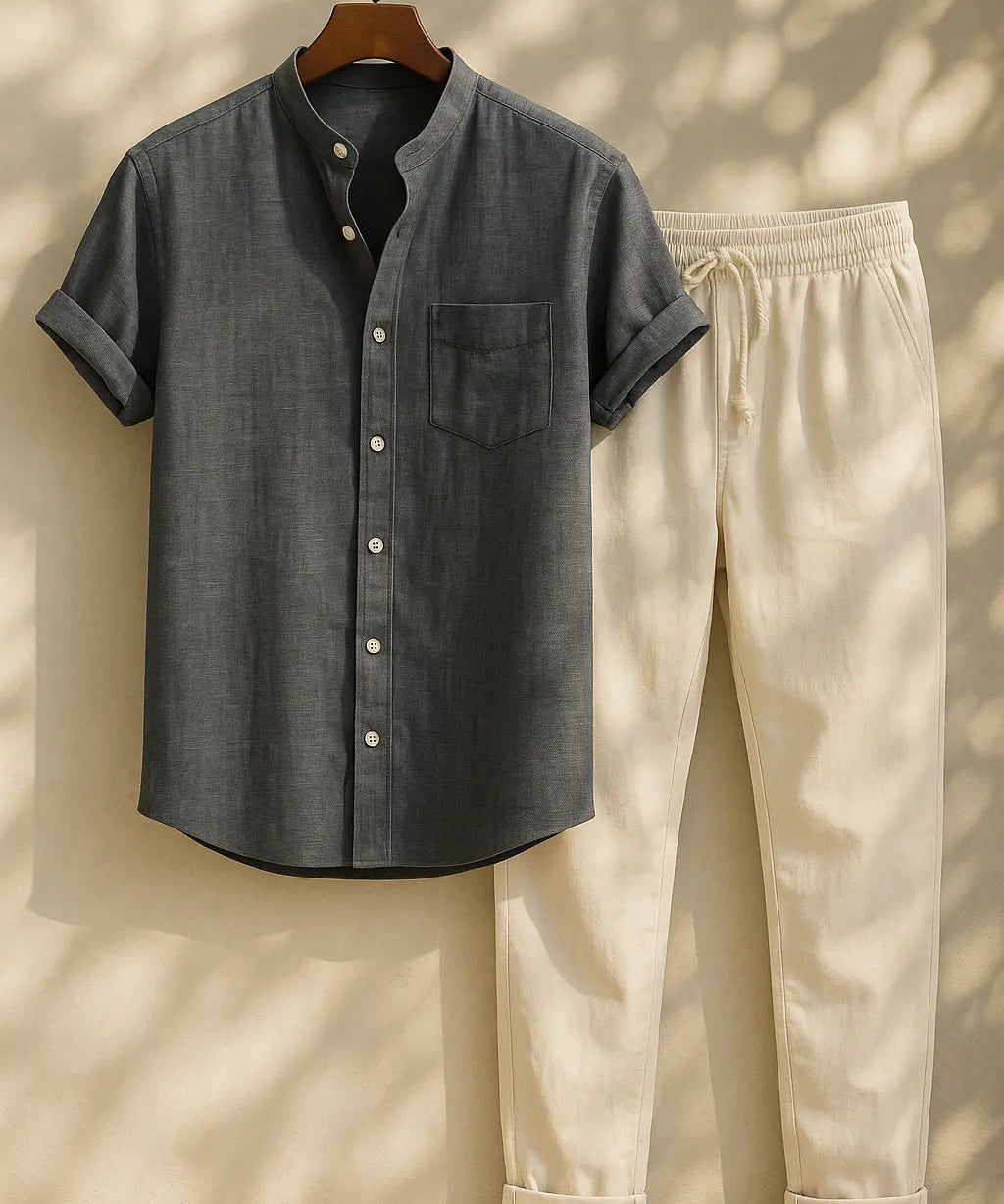 Short Sleeve Stand Collar Shirt & Straight Leg Linen Pants FERNACHE