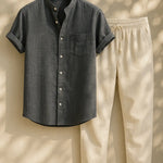 Short Sleeve Stand Collar Shirt & Straight Leg Linen Pants FERNACHE