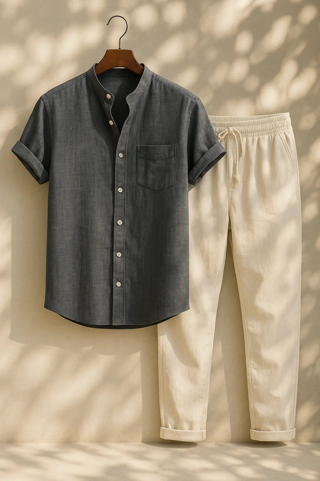 Short Sleeve Stand Collar Shirt & Straight Leg Linen Pants FERNACHE