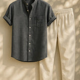 Short Sleeve Stand Collar Shirt & Straight Leg Linen Pants FERNACHE