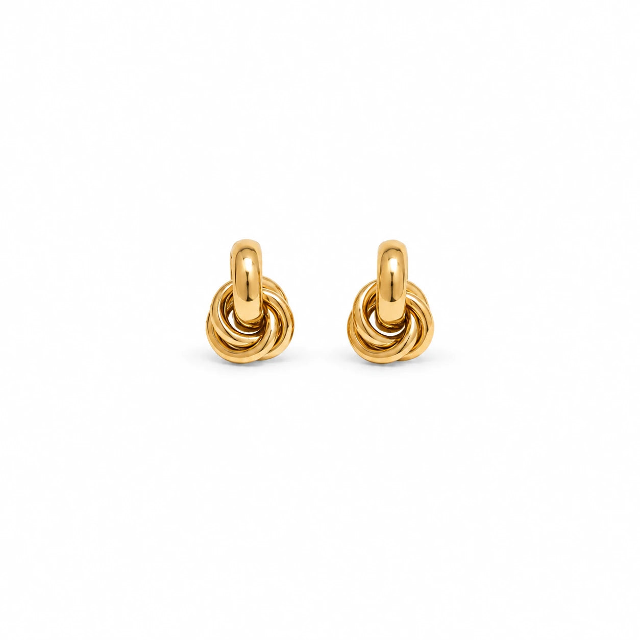 A pair of small gold hoop earrings with a twisted rope or knotted design on the front, shown on a plain white background.