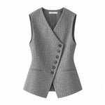 A gray textured sleeveless wrap vest with a V-neckline, button-front closure, and two front flap pockets, shown on a plain white background.