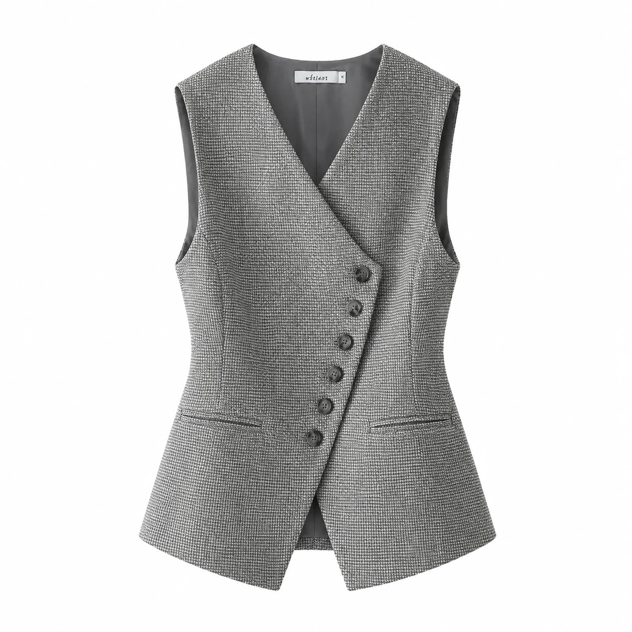 A gray textured sleeveless wrap vest with a V-neckline, button-front closure, and two front flap pockets, shown on a plain white background.