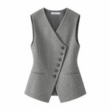 A gray textured sleeveless wrap vest with a V-neckline, button-front closure, and two front flap pockets, shown on a plain white background.