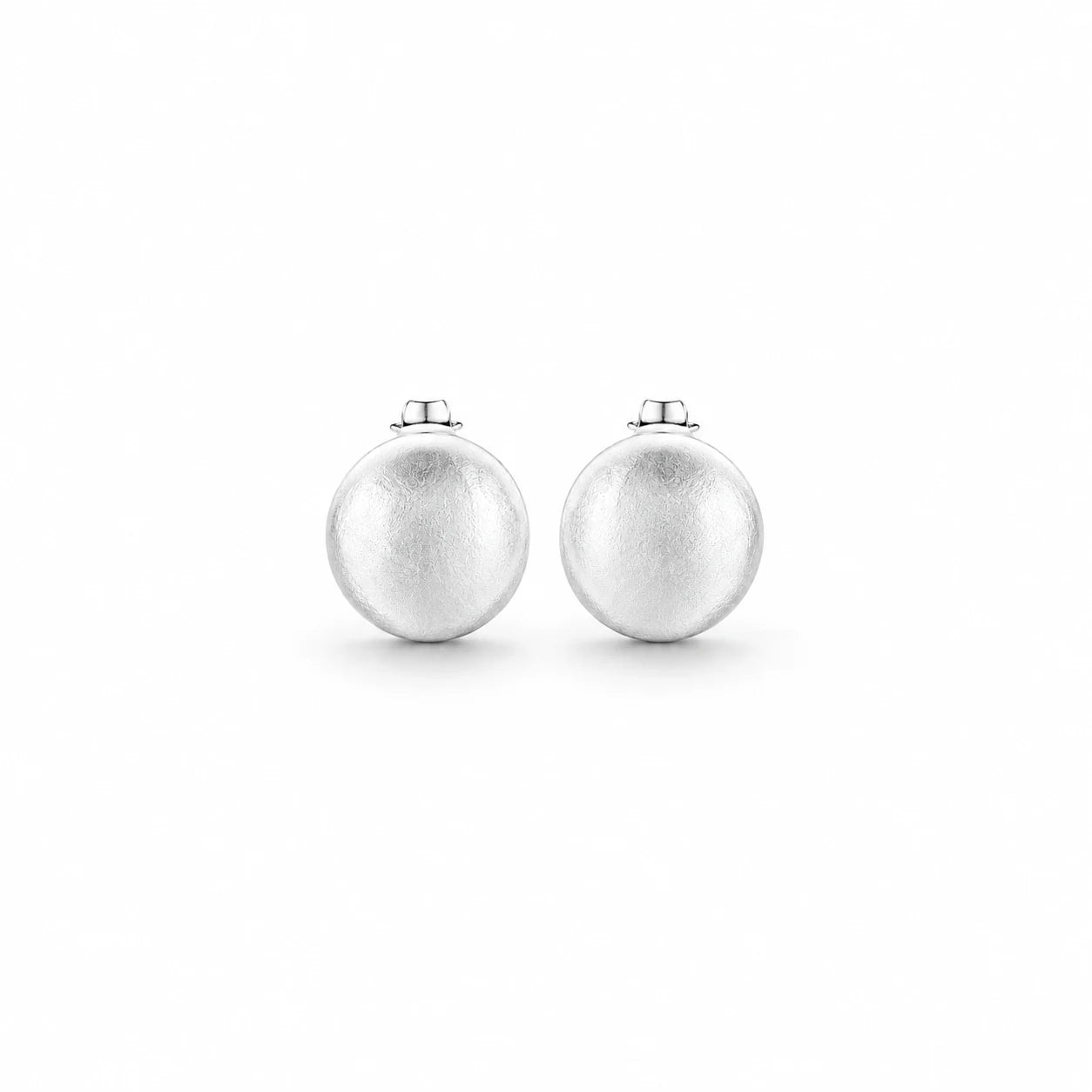 A pair of silver spherical stud earrings with a textured matte finish, shown on a clean white background.