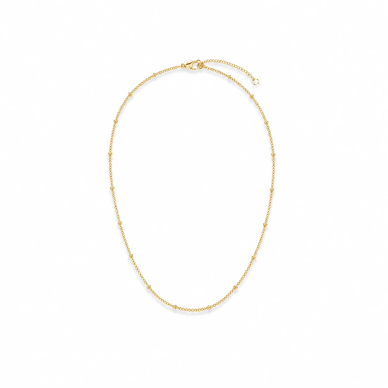 A delicate gold chain necklace with small spaced beads and a lobster clasp, displayed on a clean white background.