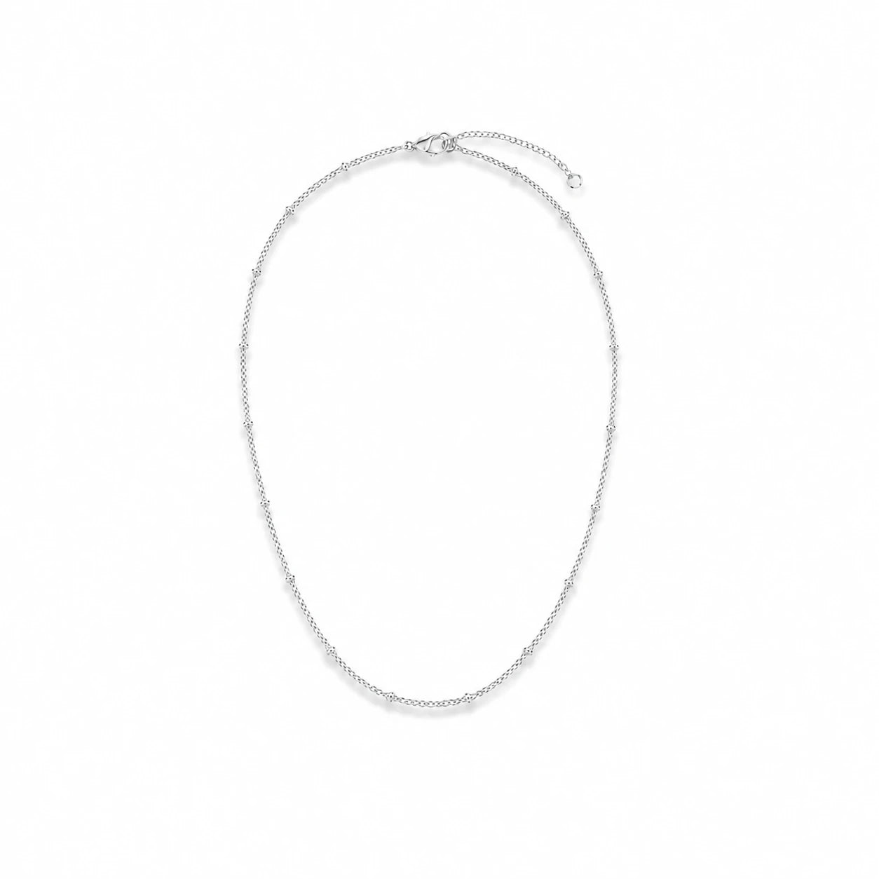 A delicate silver chain necklace with a small bead-like accent along the chain, displayed on a clean white background.