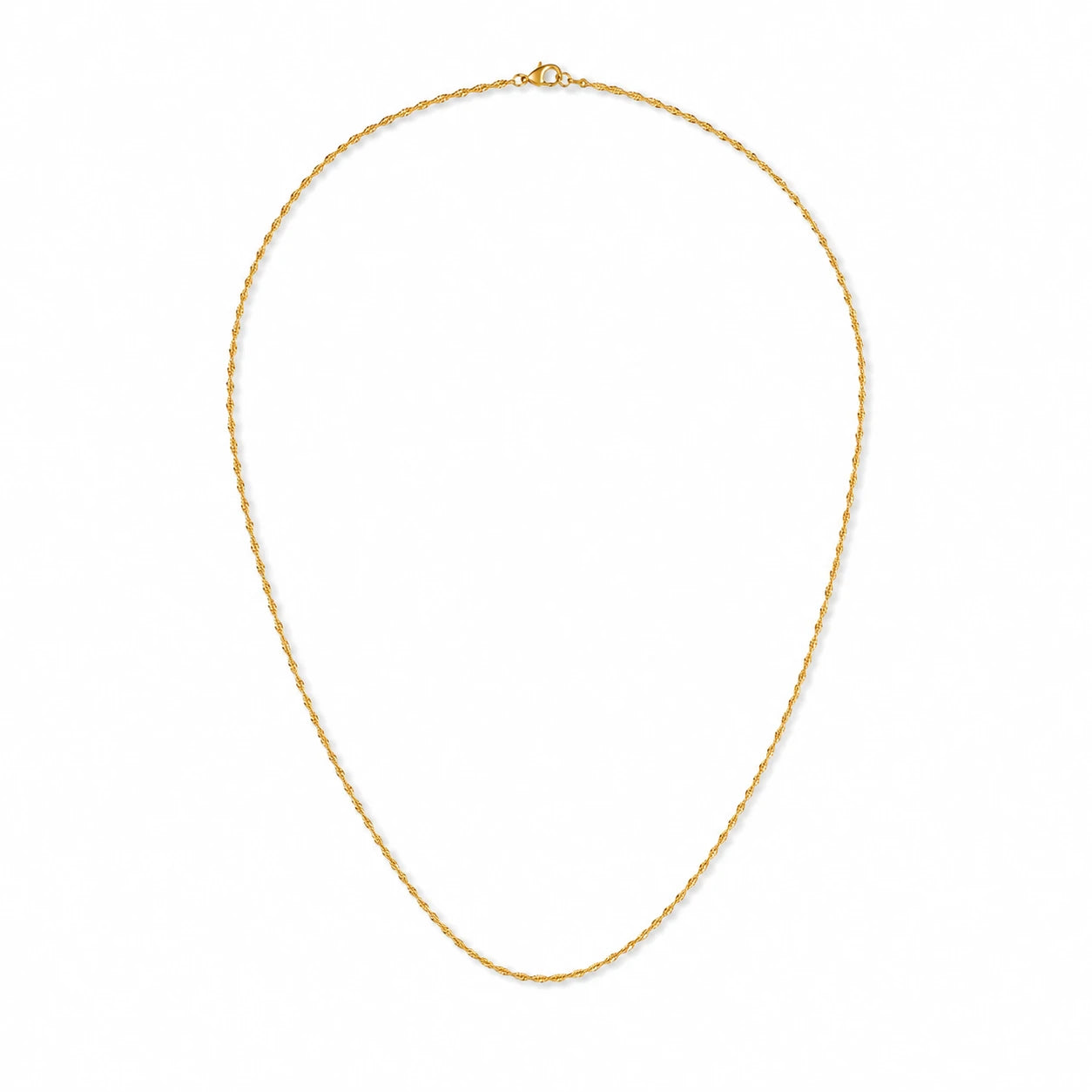 A delicate gold rope chain necklace with a small lobster clasp, displayed on a clean white background.