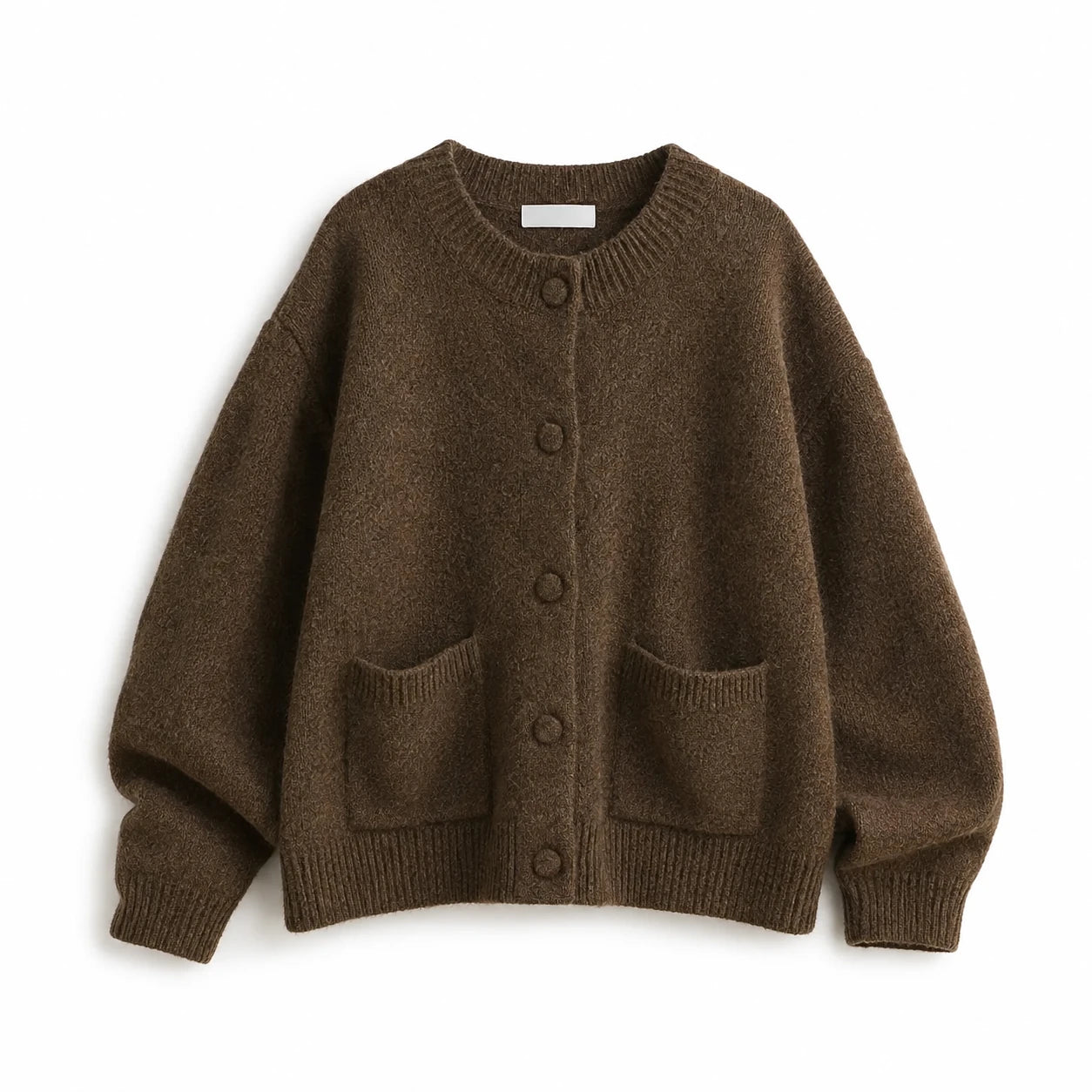 A dark brown knit cardigan sweater with a round neckline, front button closure, and two front patch pockets, shown against a plain white background.
