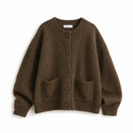 A dark brown knit cardigan sweater with a round neckline, front button closure, and two front patch pockets, shown against a plain white background.