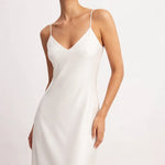 Alba Silk Dress shown in a lifestyle setting