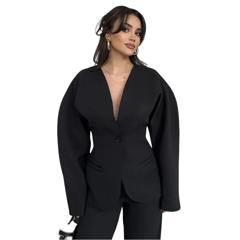 Black Alin Suit Set shown in a lifestyle setting