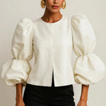 Balloon sleeve blouse shown in a lifestyle setting, alternate view