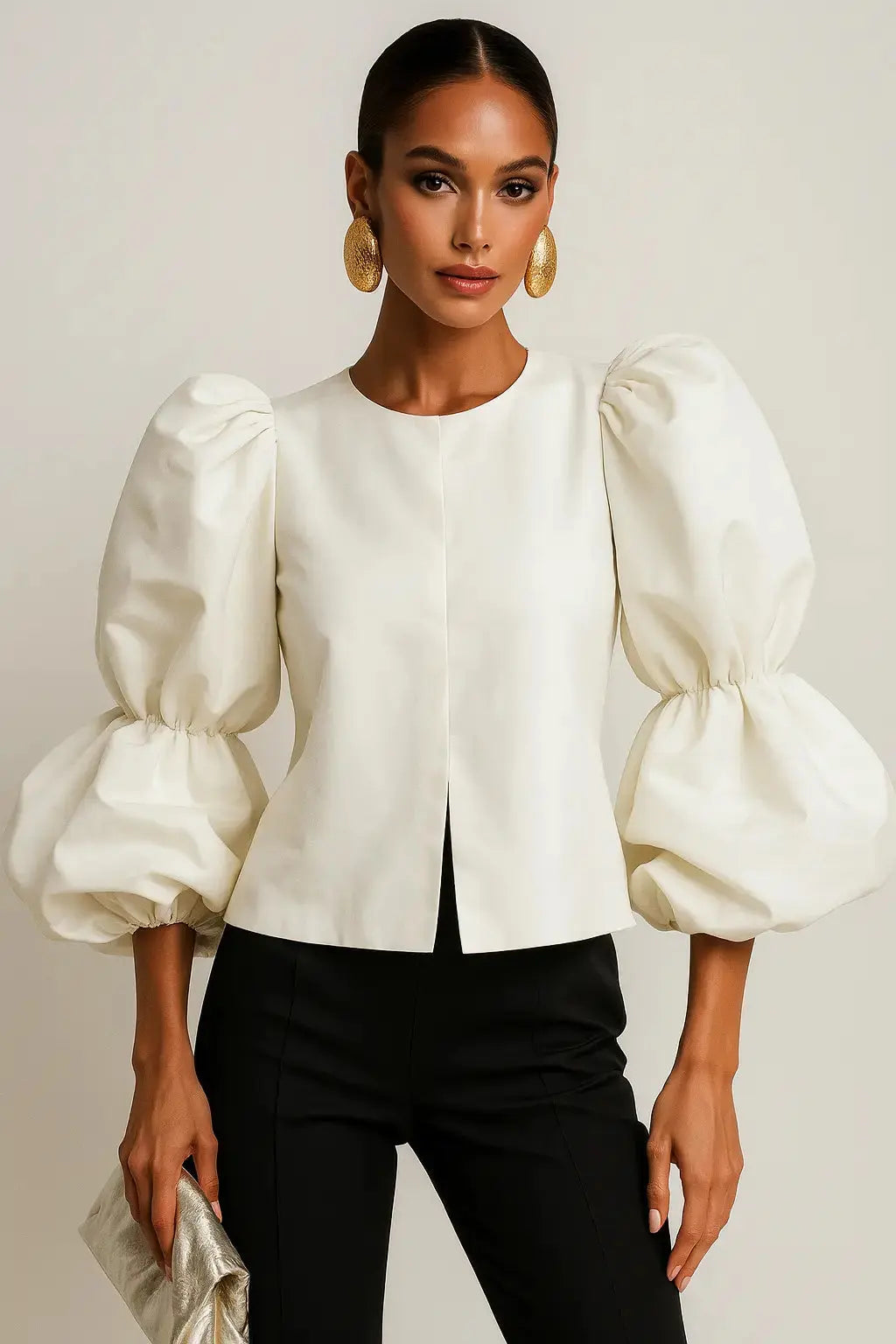 Balloon sleeve blouse shown in a lifestyle setting, alternate view