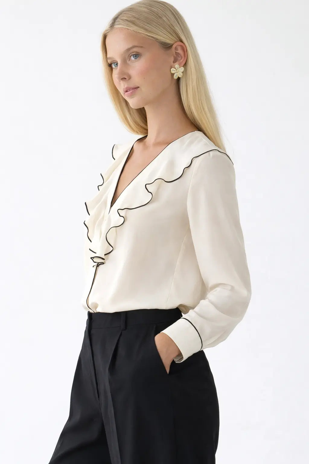 Belle Blouse long sleeve shown in a lifestyle setting
