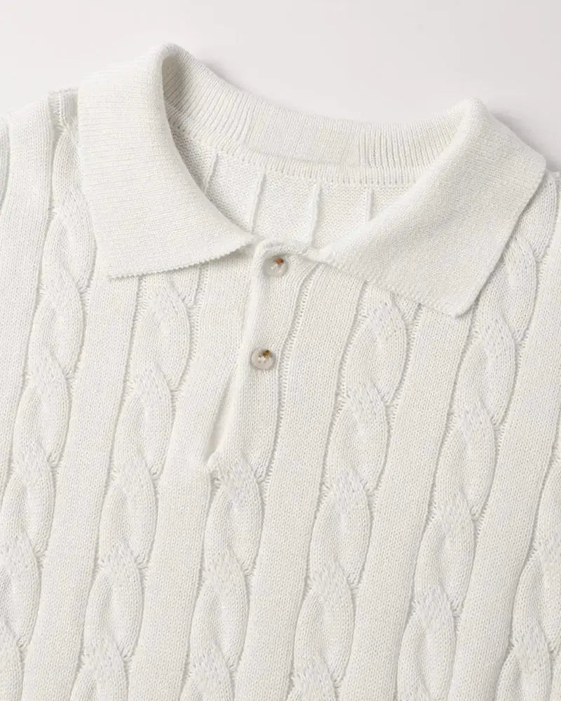 Close-up detail of BIELLA Cable Knit Polo, construction detail