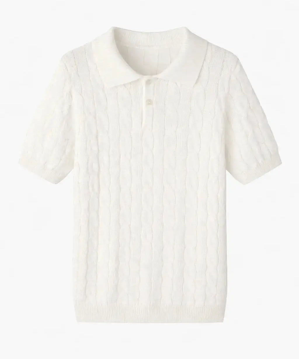 Front view of White BIELLA Cable Knit Polo