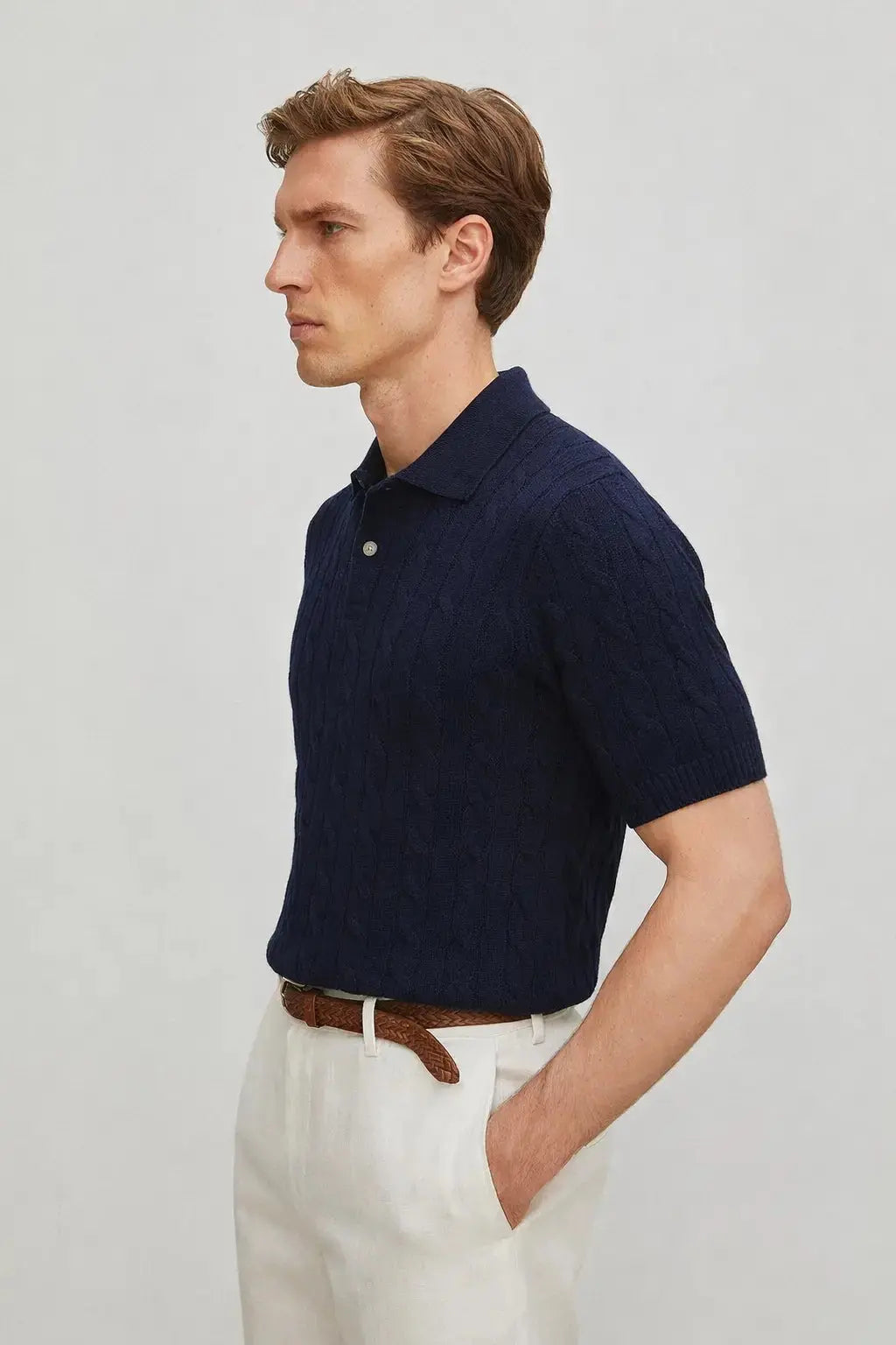 BIELLA Cable Knit Polo shown in a lifestyle setting, alternate view