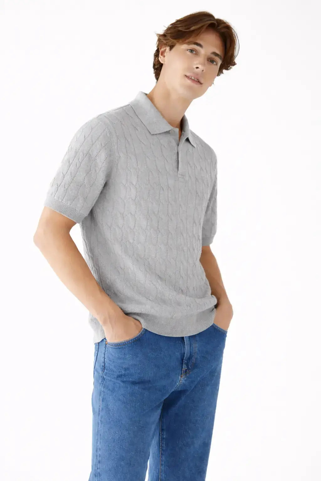 BIELLA Cable Knit Polo shown in a lifestyle setting, back angle view