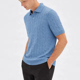 BIELLA Cable Knit Polo shown in a lifestyle setting, cropped view