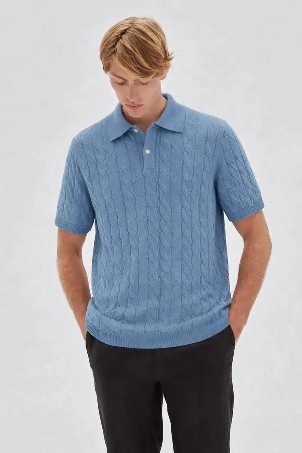 BIELLA Cable Knit Polo shown in a lifestyle setting, full length view