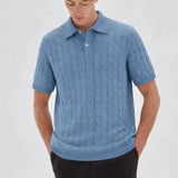 BIELLA Cable Knit Polo shown in a lifestyle setting, full length view