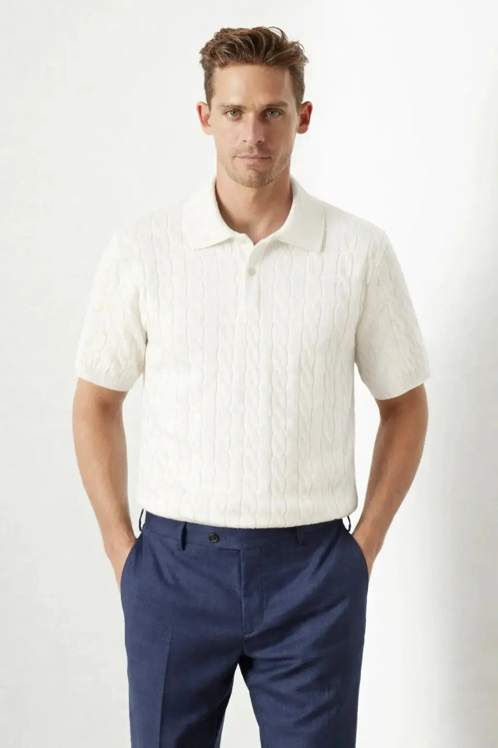 BIELLA Cable Knit Polo shown in a lifestyle setting, seated view