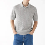 BIELLA Cable Knit Polo shown in a lifestyle setting, side angle view