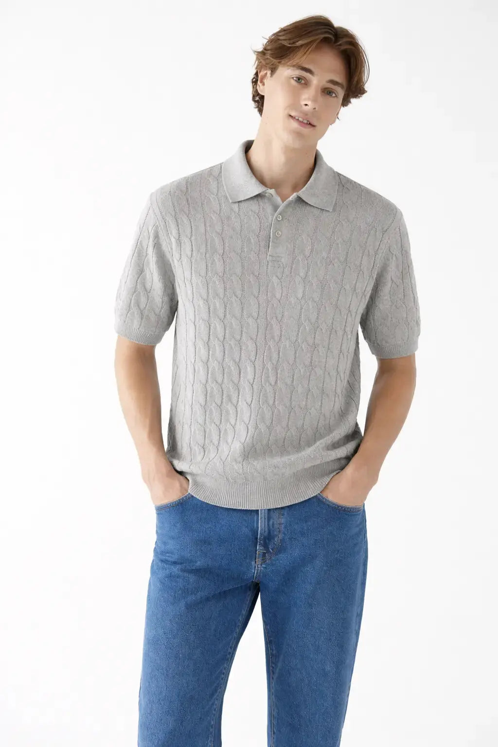 BIELLA Cable Knit Polo shown in a lifestyle setting, side angle view