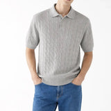 BIELLA Cable Knit Polo shown in a lifestyle setting, side angle view