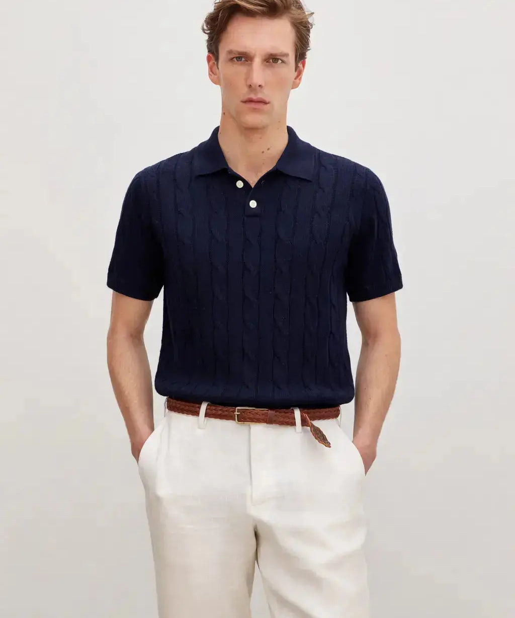 BIELLA Cable Knit Polo shown in a lifestyle setting