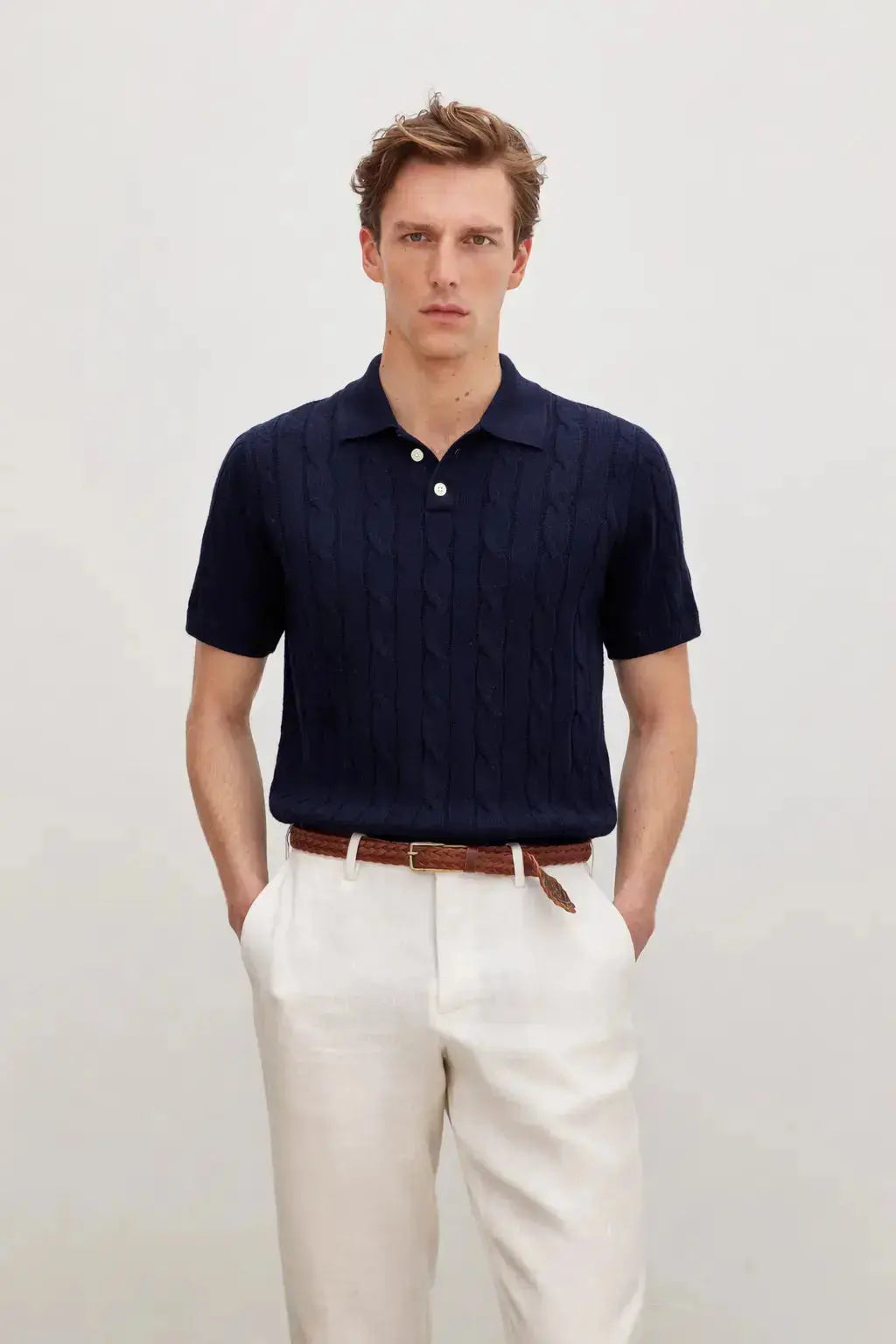 BIELLA Cable Knit Polo shown in a lifestyle setting