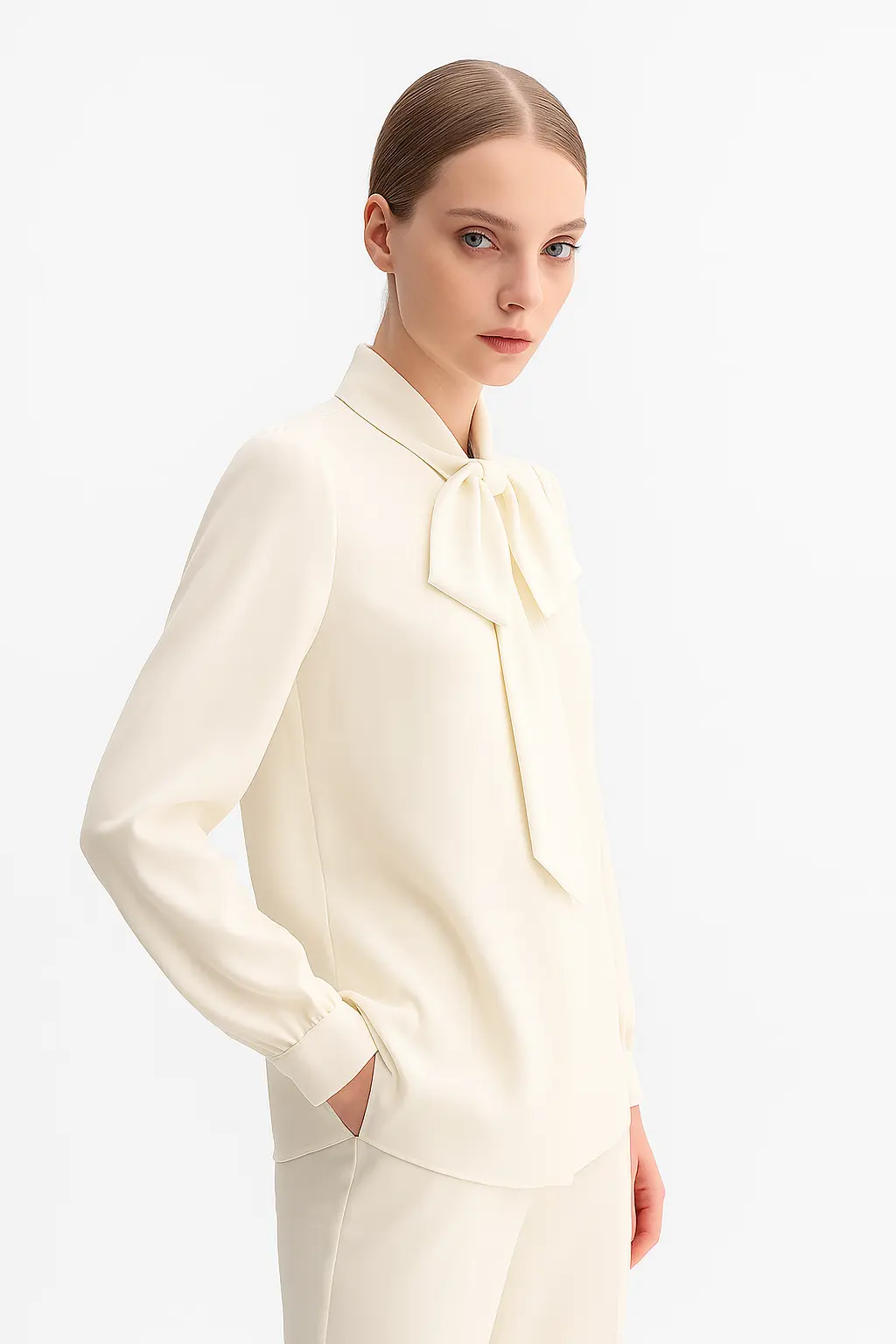 Bow Blouse shown in a lifestyle setting, alternate view