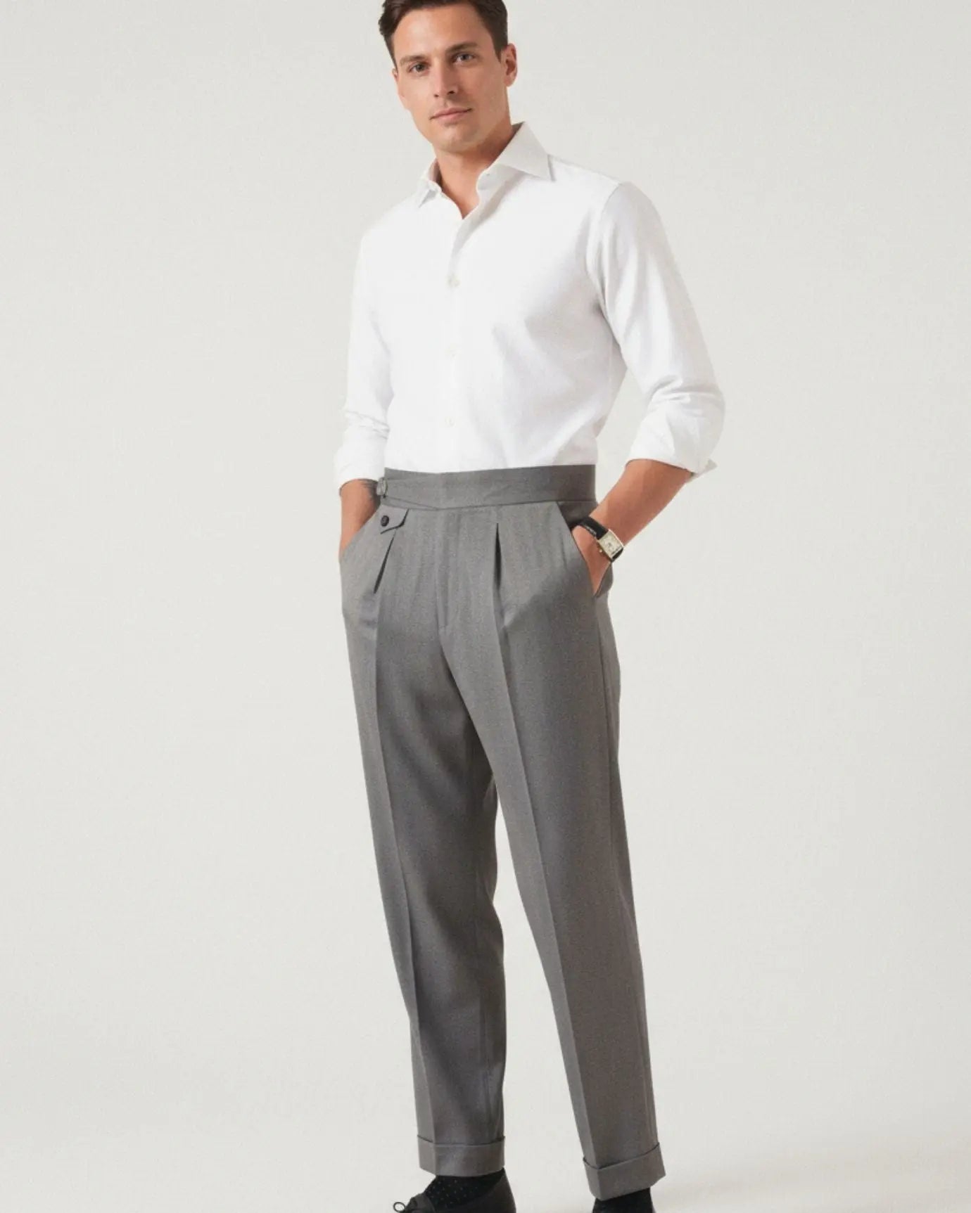 Business Grey Trousers Herringbone shown in a lifestyle setting, alternate view